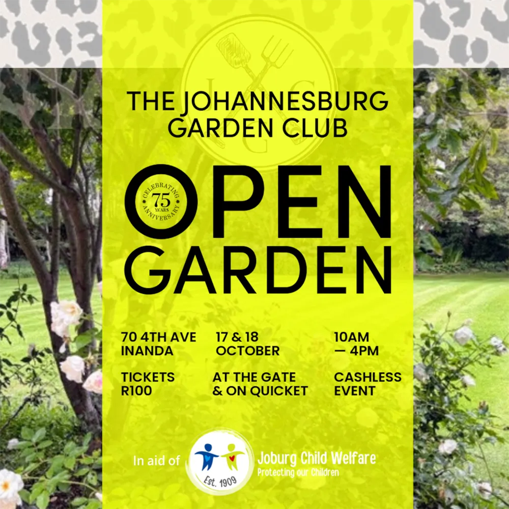 This October, garden lovers are invited to spend a weekend surrounded by greenery, beautiful blooms and a little Johannesburg history as the Johannesburg Garden Club celebrates its 75th anniversary with its annual Open Garden.
Taking place on Saturday, 17 and Sunday, 18 October 2026, from 10:00 to 16:00 daily, the Open Garden will welcome visitors... This October, garden lovers are invited to spend a weekend surrounded by greenery, beautiful blooms and a little Johannesburg history as the Johannesburg Garden Club celebrates its 75th anniversary with its annual Open Garden.
Taking place on Saturday, 17 and Sunday, 18 October 2026, from 10:00 to 16:00 daily, the Open Garden will welcome visitors...