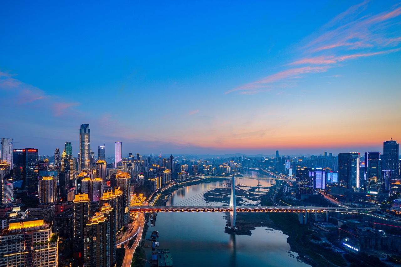 Downtown CBD skyline with the Qiansimen bridge over the Jialing River,Chongqing,China Downtown CBD skyline with the Qiansimen bridge over the Jialing River,Chongqing,China