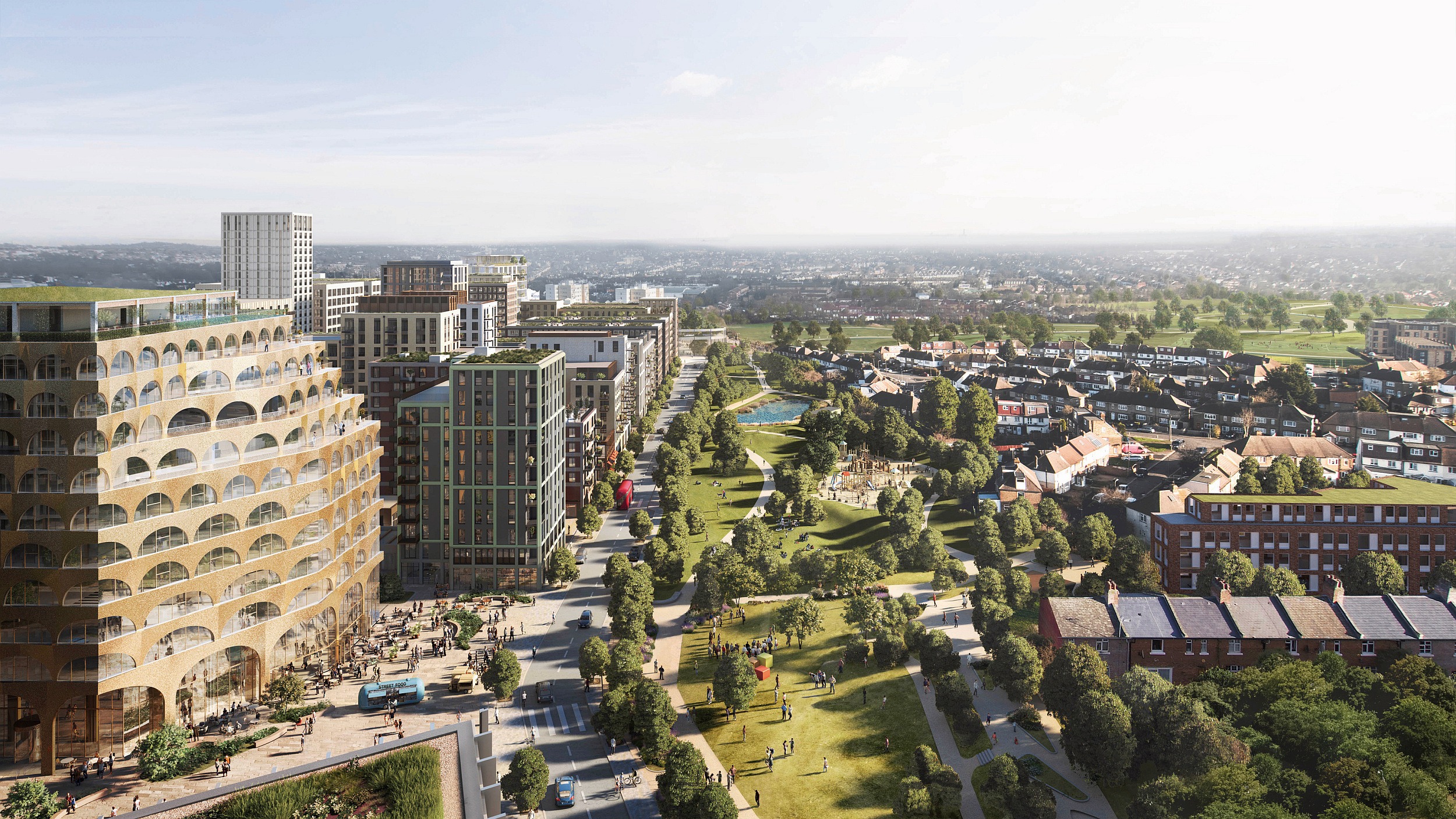 An aerial view from the east end of Claremont Park looking west across the development site of Brent Cross Town. An aerial view from the east end of Claremont Park looking west across the development site of Brent Cross Town.