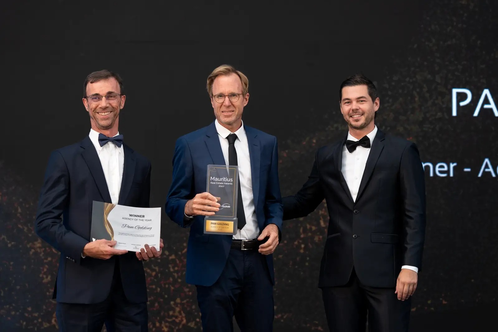 Seen at the awards event are from left: Peter Llewellyn, director of Pam Golding Properties Mauritius; Jonathan Tagg, projects director for Pam Golding Properties Mauritius; and Bryan Wester, MD of PropertyCloud. Seen at the awards event are from left: Peter Llewellyn, director of Pam Golding Properties Mauritius; Jonathan Tagg, projects director for Pam Golding Properties Mauritius; and Bryan Wester, MD of PropertyCloud.